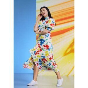 Rixo White Floral Mock Neck Ruffle Printed Women's Dress